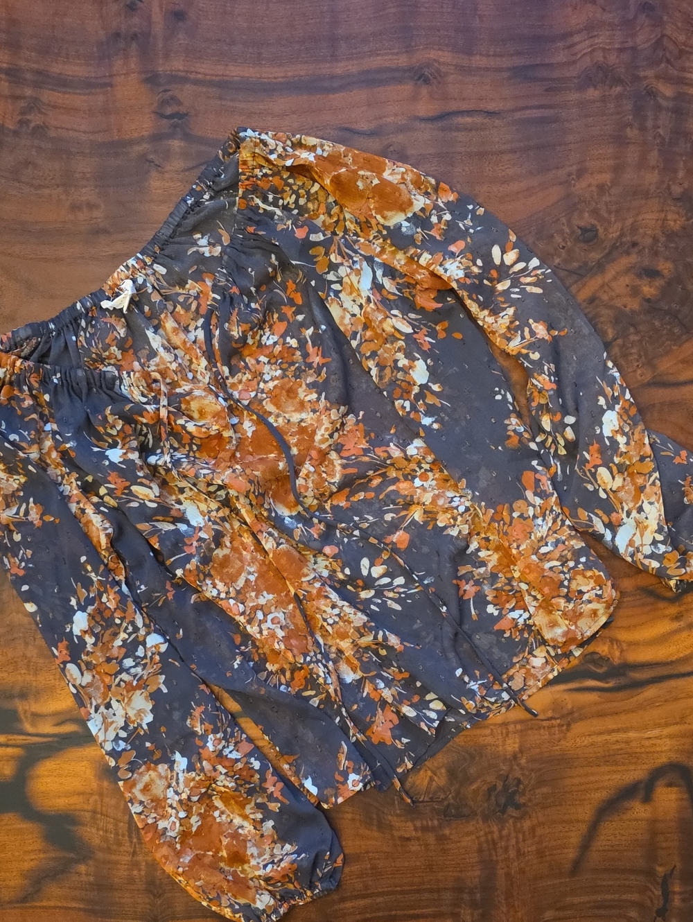 Love Stitch Floral Peasant Blouse in Rust and Charcoal
